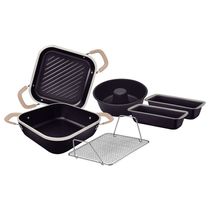 CONJUNTO 6 PEÇAS TRAMONTINA LYON 3 FORMA 1 CAÇAROLA 1 GRELHA ALUMÍNIO FORJADO ANTIADERENTE CHUMBO ALÇA BEGE 20998/053