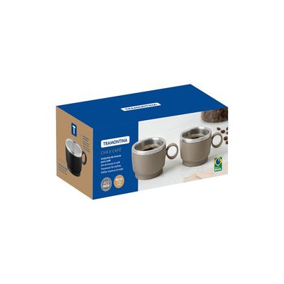 CONJUNTO 2 PEÇAS TRAMONTINA 2 XÍCARAS PARA CAFÉ EMPILHAVEL 80ML ALÇA REDONDA EM AÇO INOX CINZA 64760/328