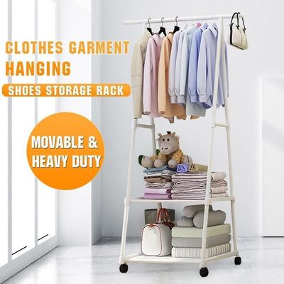 Guarda Roupa Suporte Organizador Cabideiro Portatil 2 Prateleiras Arara Carrinho Sapateira Armazenamento Quarto Cor:bran