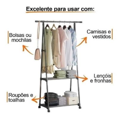 Guarda Roupa Suporte Organizador Cabideiro Portatil 2 Prateleiras Arara Carrinho Sapateira Armazenamento Quarto Cor:bran