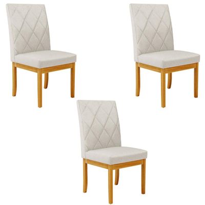 Kit 3 Cadeiras de Sala de Jantar Estofadas Gomes Madeira Maciça Linho Off White G78 - Gran Belo