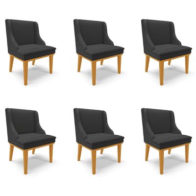 Kit 6 Cadeiras Decorativas Sala de Jantar Base Fixa de Madeira Firenze PU Preto Fosco/Castanho G19 - Gran Belo