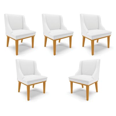 Kit 5 Cadeiras Decorativas Sala de Jantar Base Fixa de Madeira Firenze PU Branco Fosco/Castanho G19 - Gran Belo
