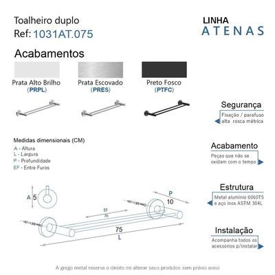 Porta Toalha Toalheiro Duplo Para Banheiro Alto Brilho Atenas 75cm