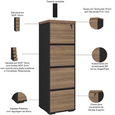 Armário Para Escritório Arquivo 04 Gavetas com Chave Unik A02 Nogal Preto - Lyam Decor