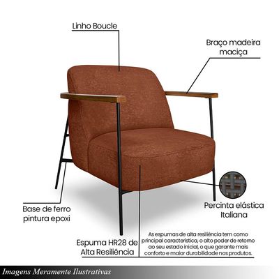 Poltrona Sala de Estar Pés em Ferro Preto Braço Madeira Maciça 86cm Thane Bouclê Terracota G63 - Gran Belo