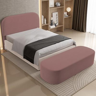 Cabeceira Cama Box Casal 140cm Lanna com Puff Recamier Doha W01  Suede Rosê - Lyam Decor
