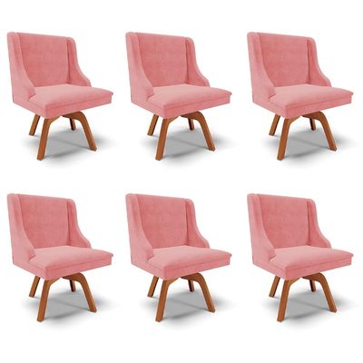 Kit 6 Cadeiras Decorativas Sala de Jantar Base Giratória de Madeira Firenze Suede Rosê/Natural G19 - Gran Belo