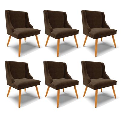 Kit 6 Cadeiras Decorativas Sala de Jantar Pés Palito de Madeira Firenze Suede Marrom/Natural G19 - Gran Belo