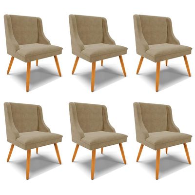 Kit 6 Cadeiras Decorativas Sala de Jantar Pés Palito de Madeira Firenze Suede Nude/Natural G19 - Gran Belo