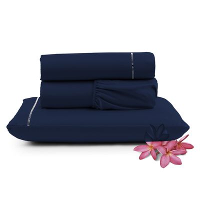 Jogo Cama Lençol Unique Solteiro 400 Fios Ponto Palito 3 Peças - Azul Marinho