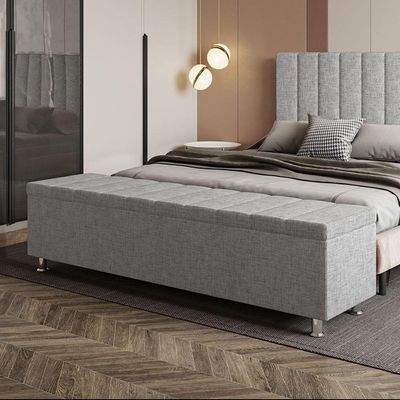 Calçadeira Baú Recamier Estofado Queen 160 Cm ônix Linho Cinza