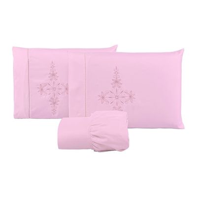 Kit Jogo De Cama Lençol Micropercal Queen Gran Moratta 200 Fios Bordado 3 Peças - Rose