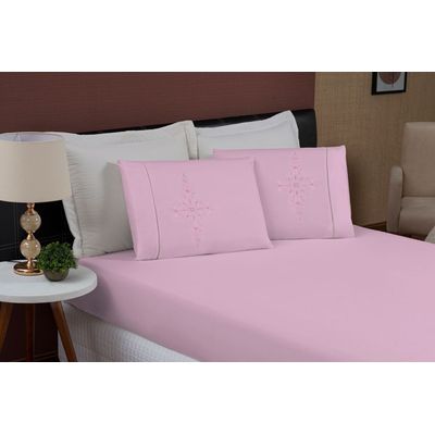 Kit Jogo De Cama Lençol Micropercal Queen Gran Moratta 200 Fios Bordado 3 Peças - Rose