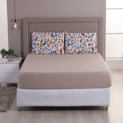 Jogo Cama Lençol Sonnet Casal Padrão Malha Estampada 100% Algodão 3 Peças - Borboletas - Bege