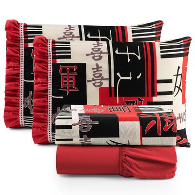 Jogo Cama Lençol Fiore Casal Padrão Estampado 180 Fios 100% Algodão com Babadinho 4 Peças Vermelho Oriental Japonês