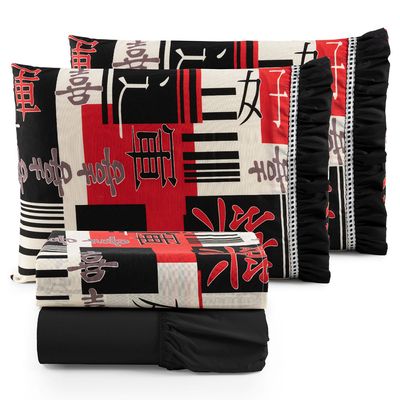 Jogo Cama Lençol Fiore Casal Padrão Estampado 180 Fios 100% Algodão com Babadinho 4 Peças Preto Oriental Japonês