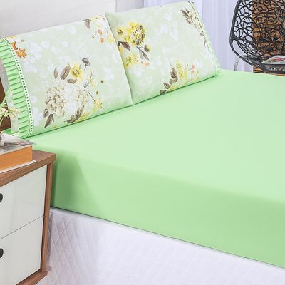 Jogo Cama Lençol Fiore Queen Estampado 180 Fios 100% Algodão com Babadinho 3 Peças Verde Floral