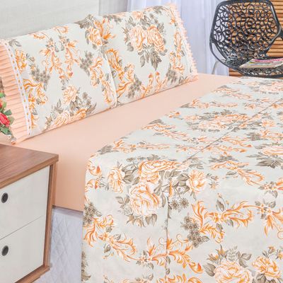 Jogo Cama Lençol Fiore King Estampado 180 Fios 100% Algodão com Babadinho 4 Peças Salmão Floral