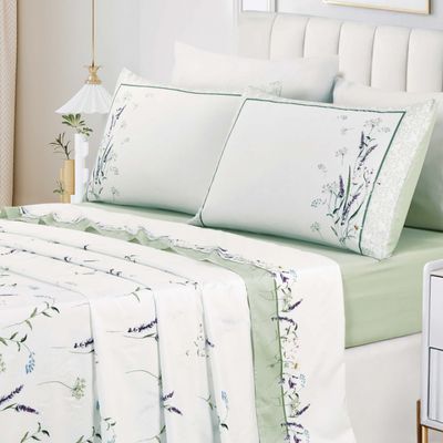 Jogo Cama Lençol Santorini Queen Estampa Florida Percal 300 Fios 4 Peças - Verde Lavanda