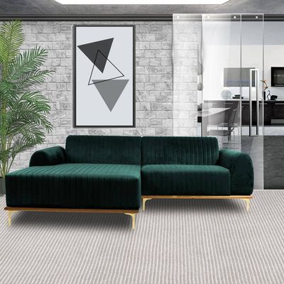 Sofá 3 Lugares com Chaise Base de Madeira Euro 245 cm Veludo Verde - Gran Belo