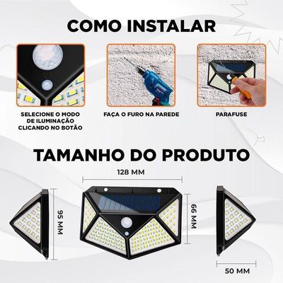 Luminária 100 Led Energia Solar 3 Modos Iluminação