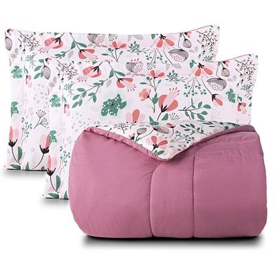Kit Edredom Cobertor Celi Super King Dupla Face Micropercal Estampado 200 Fios 3 Peças Bothanica Floral Rosa