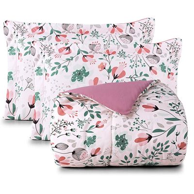 Kit Edredom Cobertor Celi Super King Dupla Face Micropercal Estampado 200 Fios 3 Peças Bothanica Floral Rosa