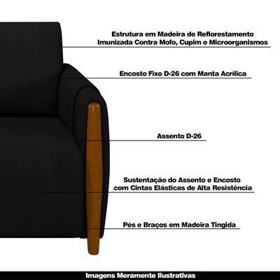 Sofá Decorativo 3 Lugares 223cm Maceió Veludo Preto - Gran Belo