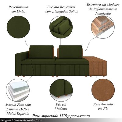 Sofá Ilha com Encosto e Almofadas Móveis Olimpo 265cm Modulado Linho/PU Verde/Caramelo G45 - Gran Belo