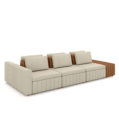 Sofá Ilha com Encosto e Almofadas Móveis Olimpo 395cm Modulado Linho/PU Bege/Caramelo G45 - Gran Belo