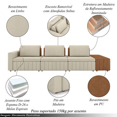 Sofá Ilha com Encosto e Almofadas Móveis Olimpo 395cm Modulado Linho/PU Bege/Caramelo G45 - Gran Belo