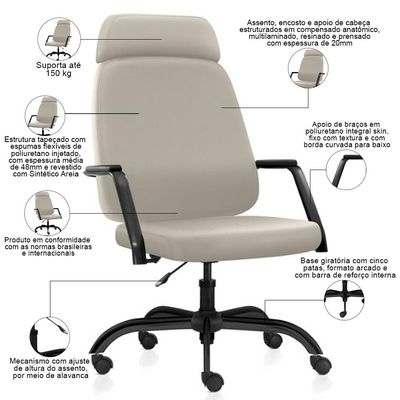 Kit 02 Cadeiras de Escritório Giratória com Apoio de Cabeça Hub F02 Sintético Areia - Lyam Decor