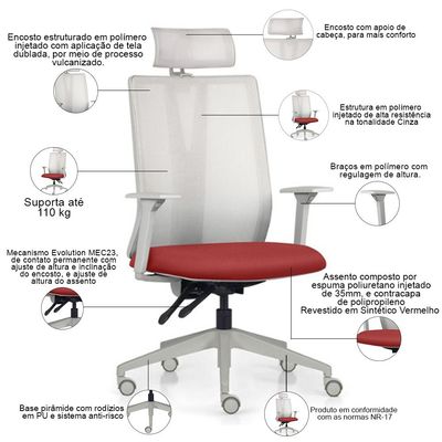 Kit 2 Cadeiras Escritório Giratória Presidente Flow F02 Base Cinza Sintético Vermelho - Lyam Decor