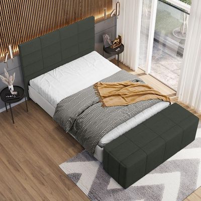 Kit Cabeceira Cama Box King 195cm com Calçadeira Roma W01 Linho Verde Musgo - Lyam