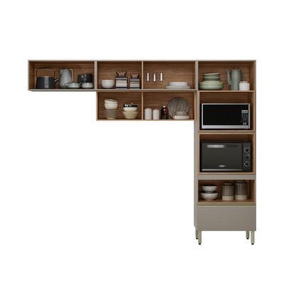 Armário de Cozinha Compacta com Vidro Reflecta Proença 5 Portas 1 Gaveta Nude e Nogueira