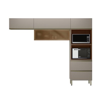 Armário de Cozinha Compacta com Vidro Reflecta Proença 5 Portas 1 Gaveta Nude e Nogueira
