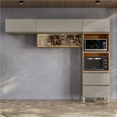 Armário de Cozinha Compacta com Vidro Reflecta Proença 5 Portas 1 Gaveta Nude e Nogueira