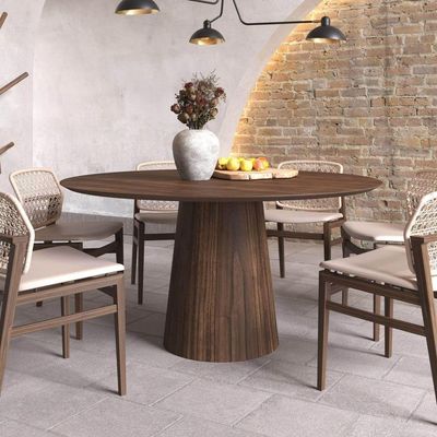 Mesa De Jantar Redonda 150cm Scandi 8 Lugares Lamina Natural De Madeira Castanho