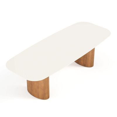 Mesa De Jantar Orgânica Tivoli 270cm X 110cm 10 Lugares Lamina Cinamomo Off White Vidro