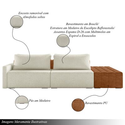 Sofá Ilha Modulado Milos 232cm Puff Lateral OffWhite Caramelo Manchado Bouclê/PU G33 - Gran Belo