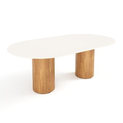 Mesa De Jantar West 180cm X 100cm 6 Lugares Lâmina Natural De Madeira Off White Vidro