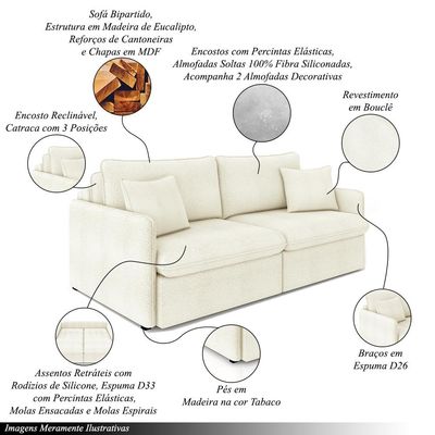Sofá Reclinável e Retrátil Gandalf Bipartido 194cm Caixa Zero com Almofadas Bouclê Off White G33 - Gran Belo