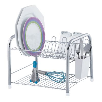 Escorredor de Louça Duplo Cromado 16 Pratos 05 Copos Porta Talher Plástico Branco