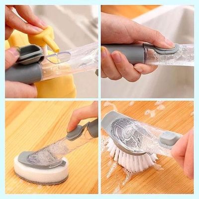 Escova Limpeza Lava Louça Automática Dispenser Detergente 4 Em 1 Multifuncional Raspa Esponja Grelha Churrasqueira Banhe