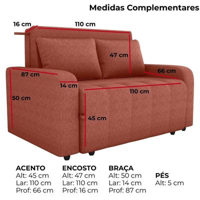 Sofa Cama 2 Lugares 138 Cm Amora Tecido Pompeia G500 Milani Store Terracota