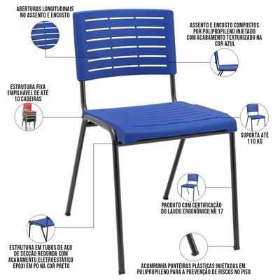 Cadeira Empilhável Fixa Escritório Multiuso Base Preta Kimi P03 Azul - Lyam Decor