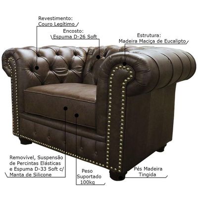 Poltrona Sala de Estar Chesterfield com Pés Madeira Couro Marrom - Gran Belo