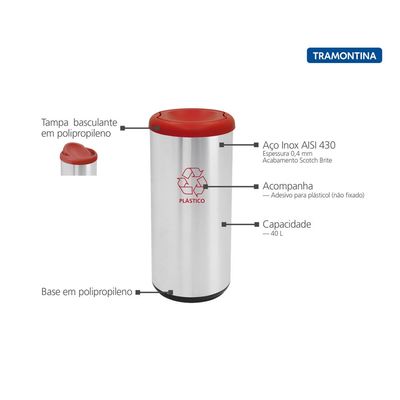 Lixeira Inox Tramontina Cápsula Selecta Plus Basculante com Acabamento Scotch Brite e Tampa Basculante Vermelha em Polip