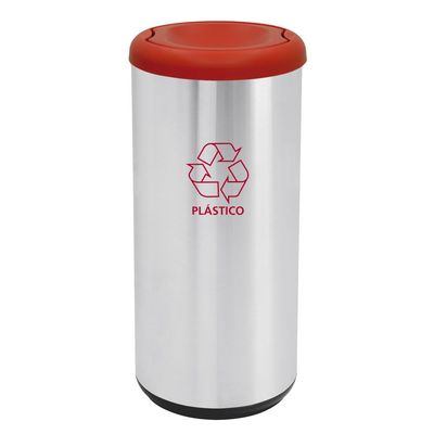 Lixeira Inox Tramontina Cápsula Selecta Plus Basculante com Acabamento Scotch Brite e Tampa Basculante Vermelha em Polip